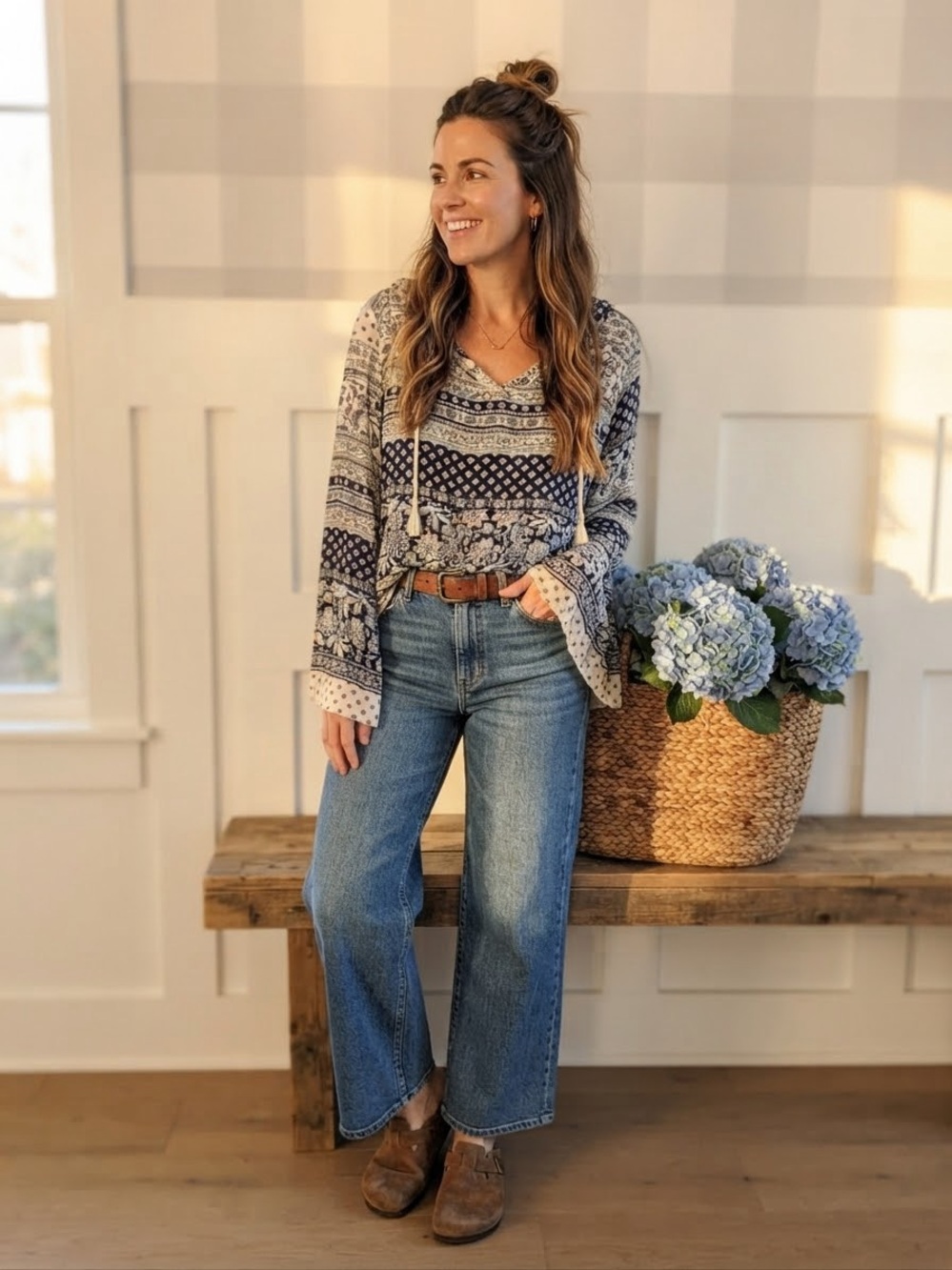 California Moonrise Printed V-Neck Bell-Sleeve Blouse in Navy and Cream
